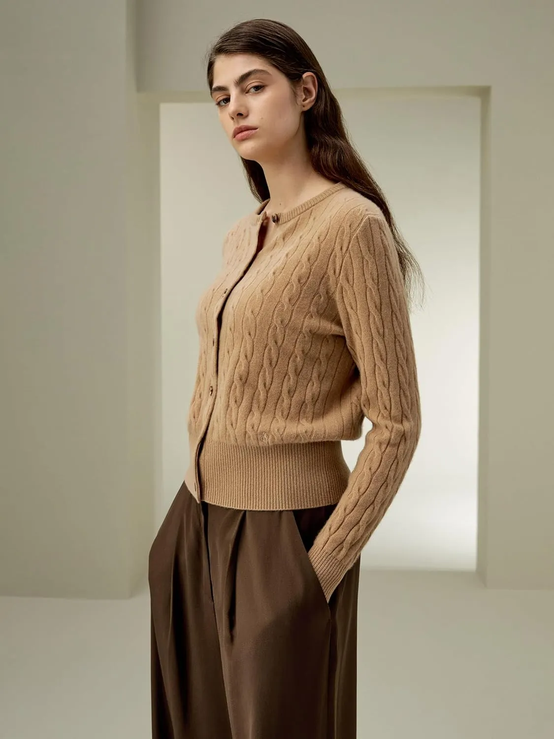LilySilk 100% Cashmere Crewneck Cardigan Sweater for Women Long Sleeves Cable-Knit Buttoned Placket