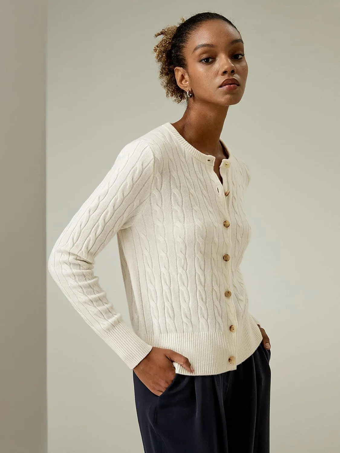 LilySilk 100% Cashmere Crewneck Cardigan Sweater for Women Long Sleeves Cable-Knit Buttoned Placket
