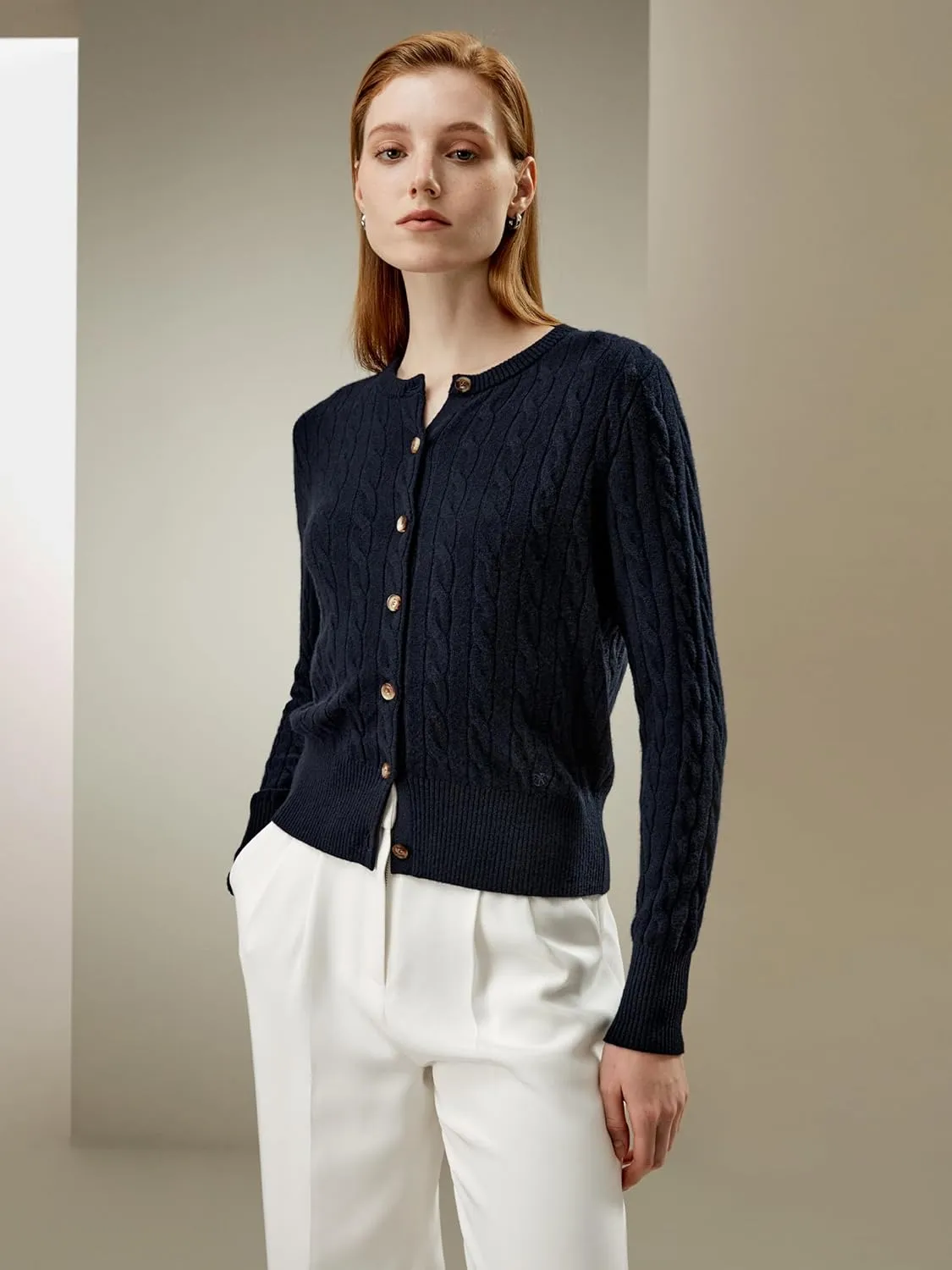 LilySilk 100% Cashmere Crewneck Cardigan Sweater for Women Long Sleeves Cable-Knit Buttoned Placket