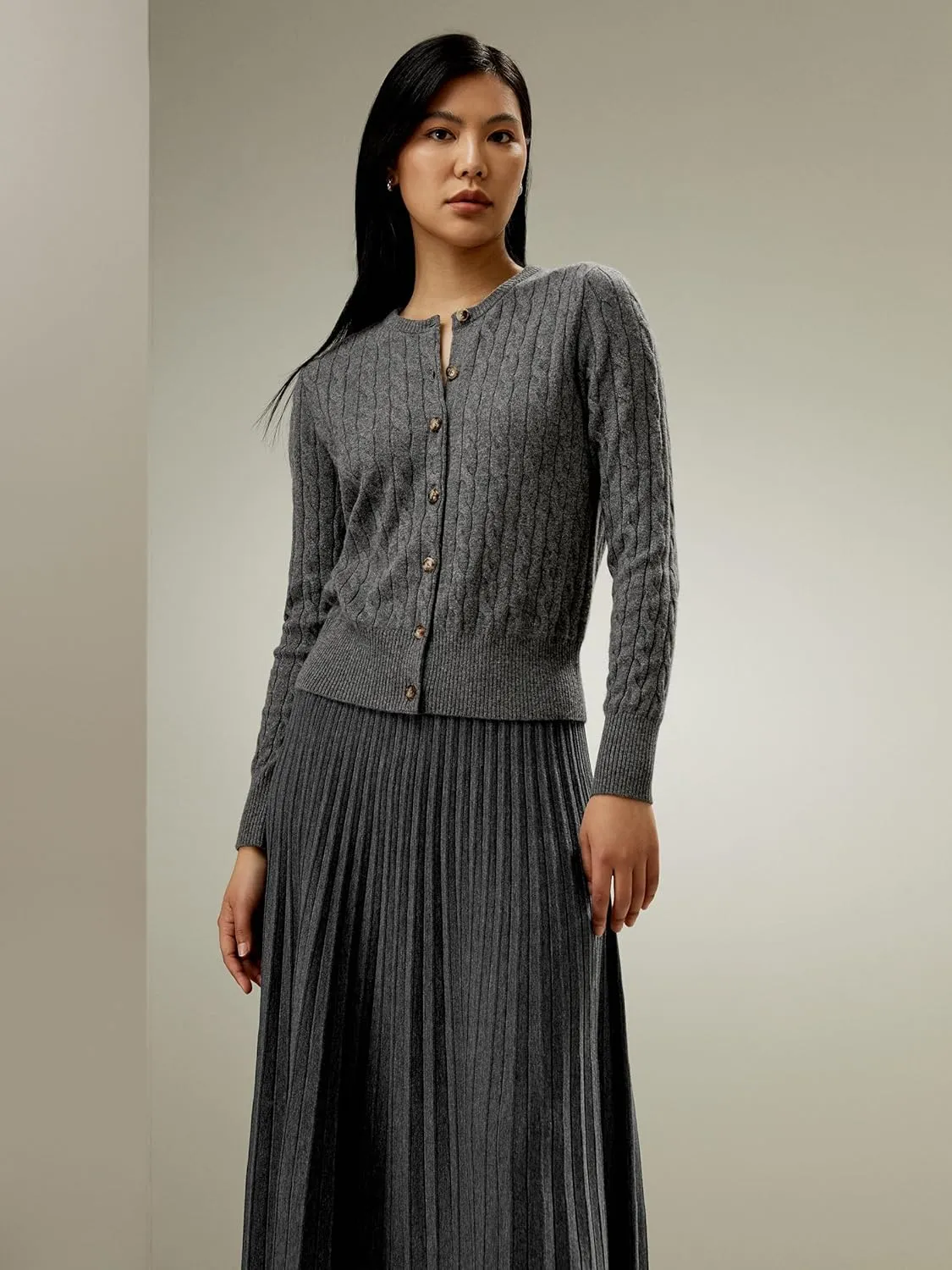 LilySilk 100% Cashmere Crewneck Cardigan Sweater for Women Long Sleeves Cable-Knit Buttoned Placket
