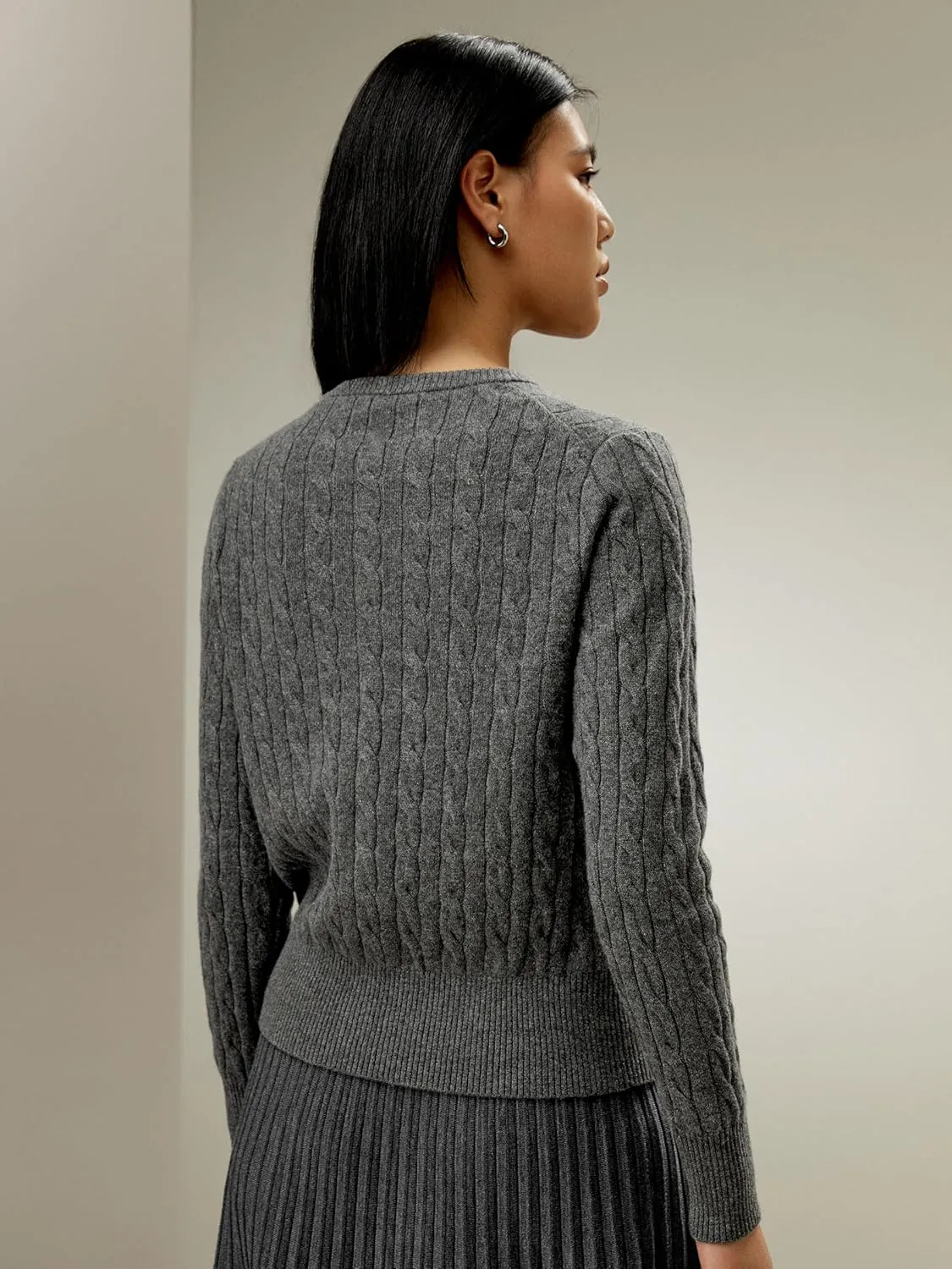 LilySilk 100% Cashmere Crewneck Cardigan Sweater for Women Long Sleeves Cable-Knit Buttoned Placket