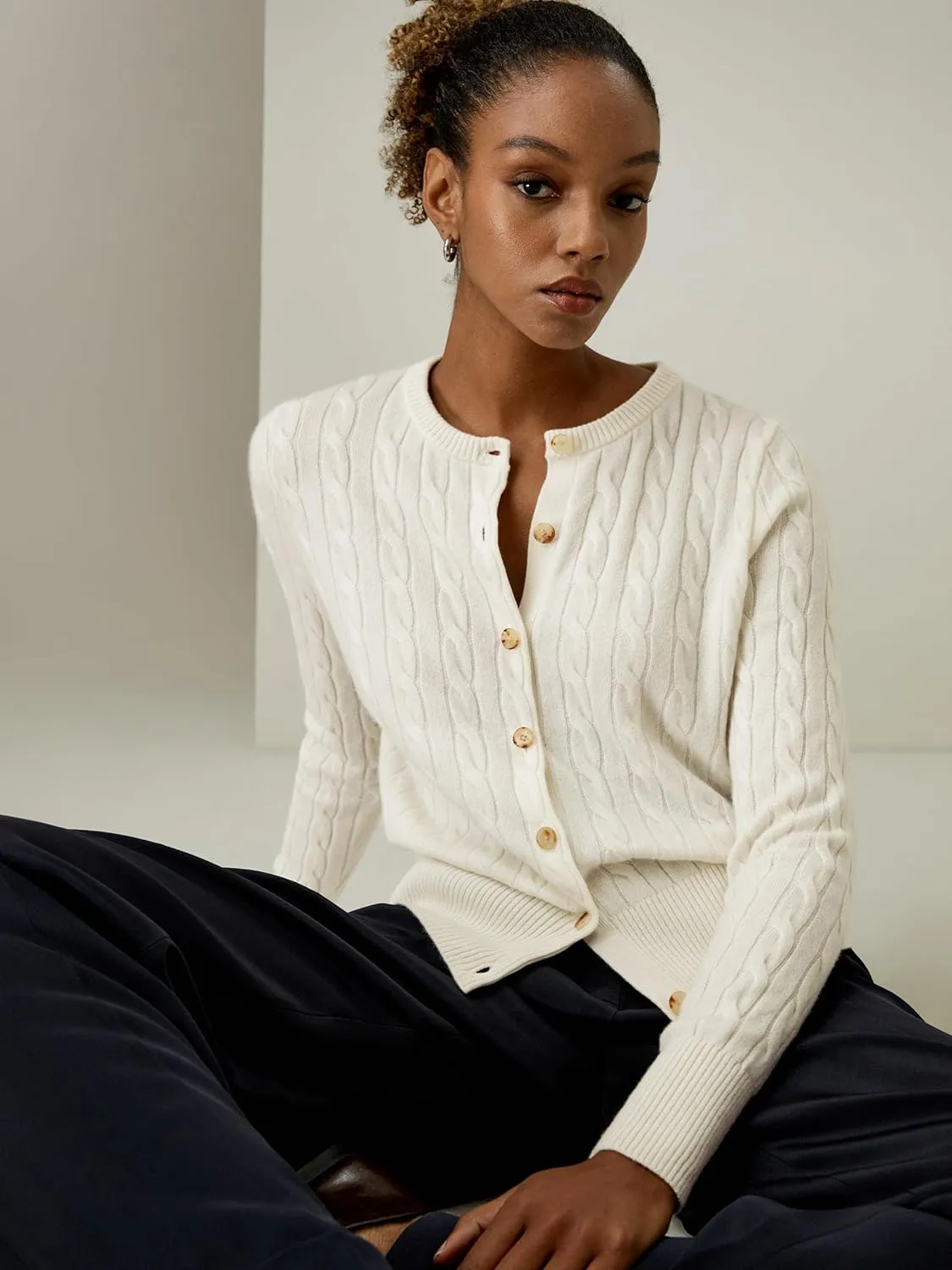 LilySilk 100% Cashmere Crewneck Cardigan Sweater for Women Long Sleeves Cable-Knit Buttoned Placket