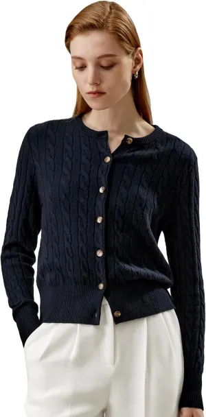LilySilk 100% Cashmere Crewneck Cardigan Sweater for Women Long Sleeves Cable-Knit Buttoned Placket