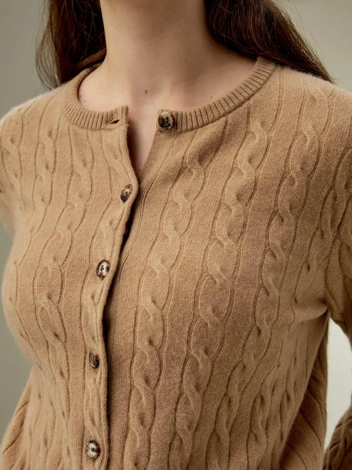 LilySilk 100% Cashmere Crewneck Cardigan Sweater for Women Long Sleeves Cable-Knit Buttoned Placket