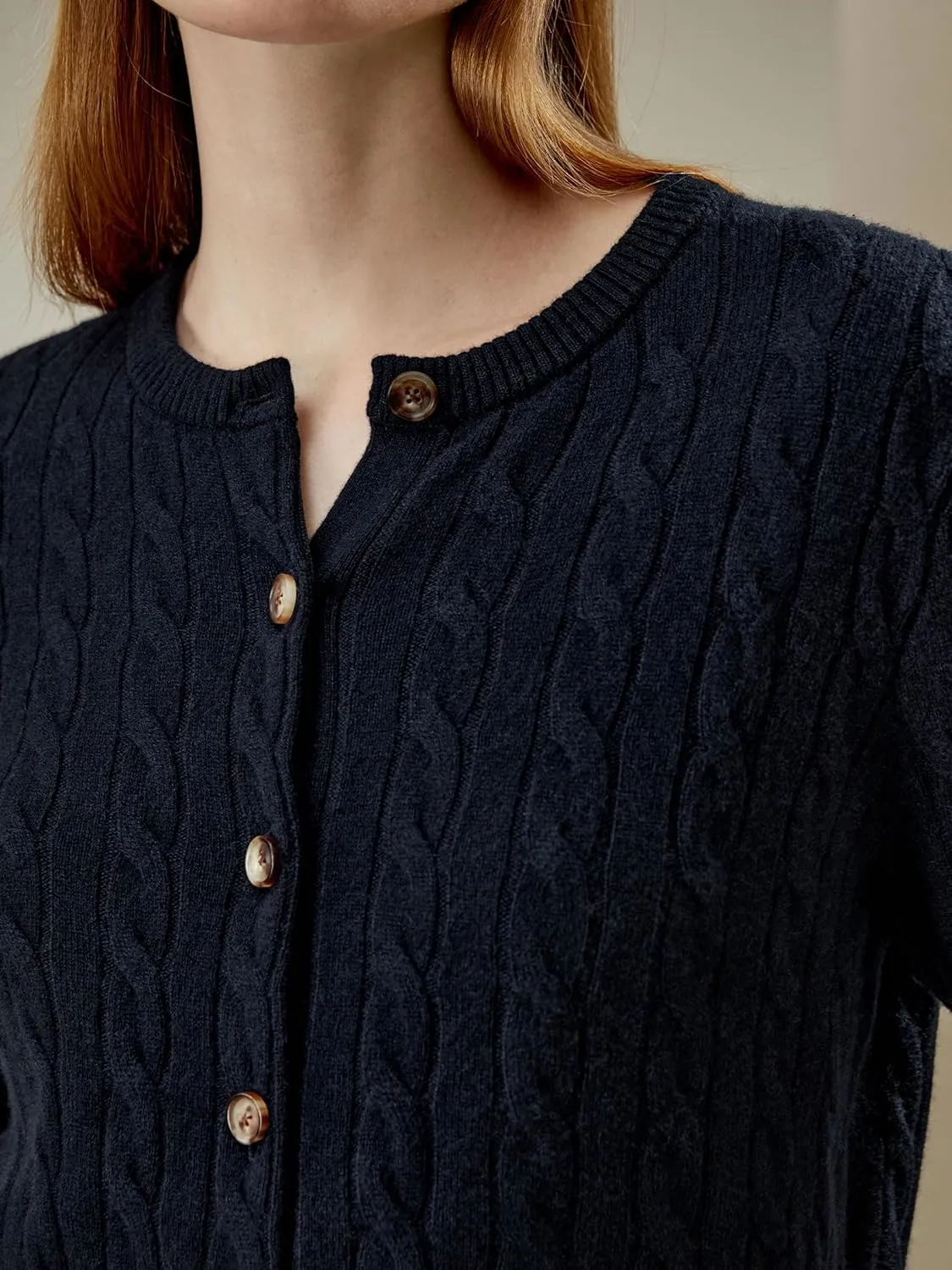 LilySilk 100% Cashmere Crewneck Cardigan Sweater for Women Long Sleeves Cable-Knit Buttoned Placket