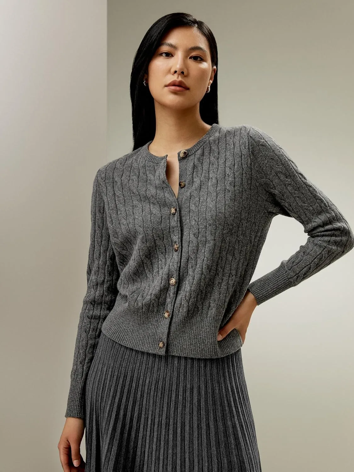 LilySilk 100% Cashmere Crewneck Cardigan Sweater for Women Long Sleeves Cable-Knit Buttoned Placket