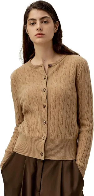 LilySilk 100% Cashmere Crewneck Cardigan Sweater for Women Long Sleeves Cable-Knit Buttoned Placket