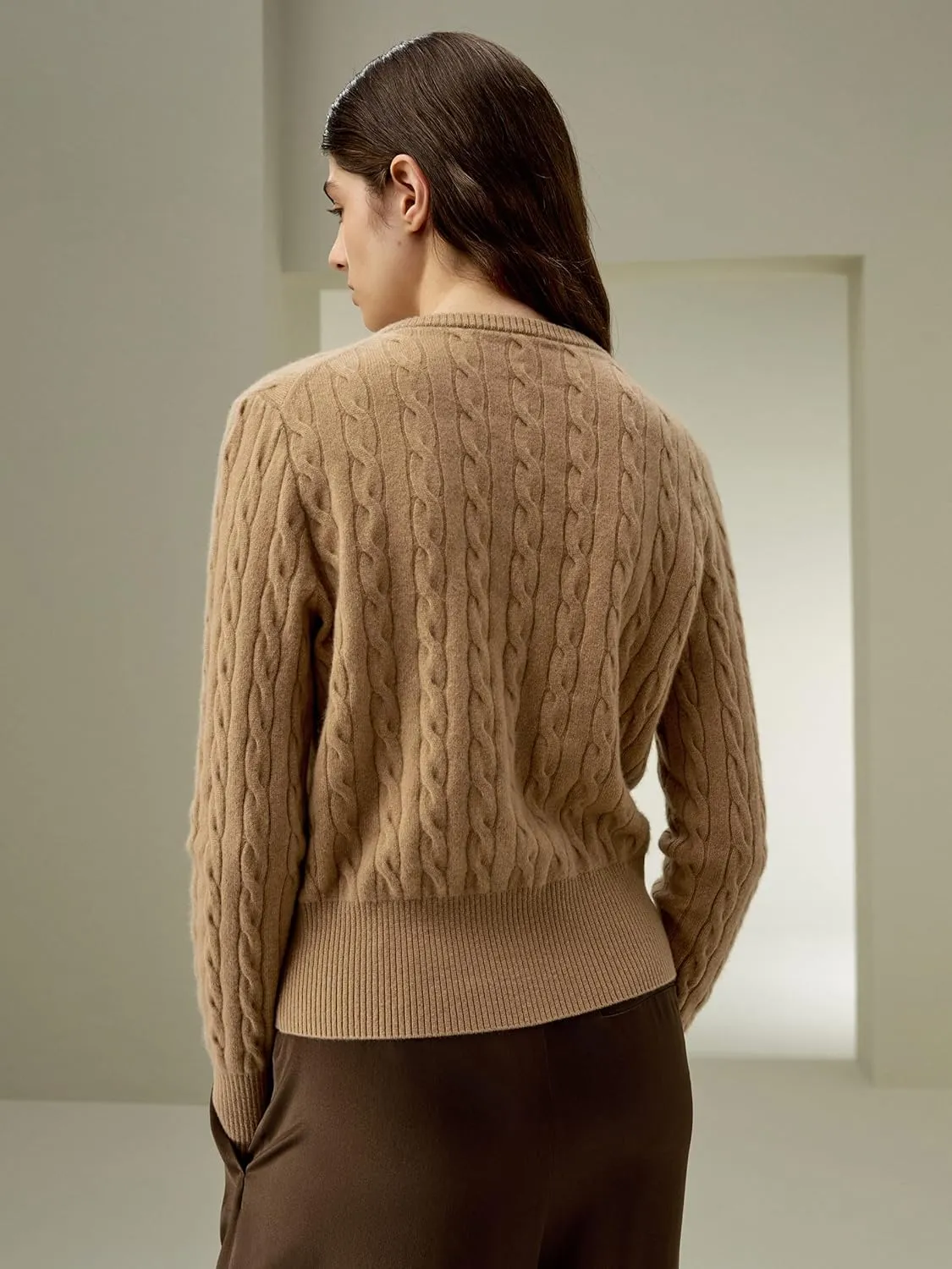 LilySilk 100% Cashmere Crewneck Cardigan Sweater for Women Long Sleeves Cable-Knit Buttoned Placket