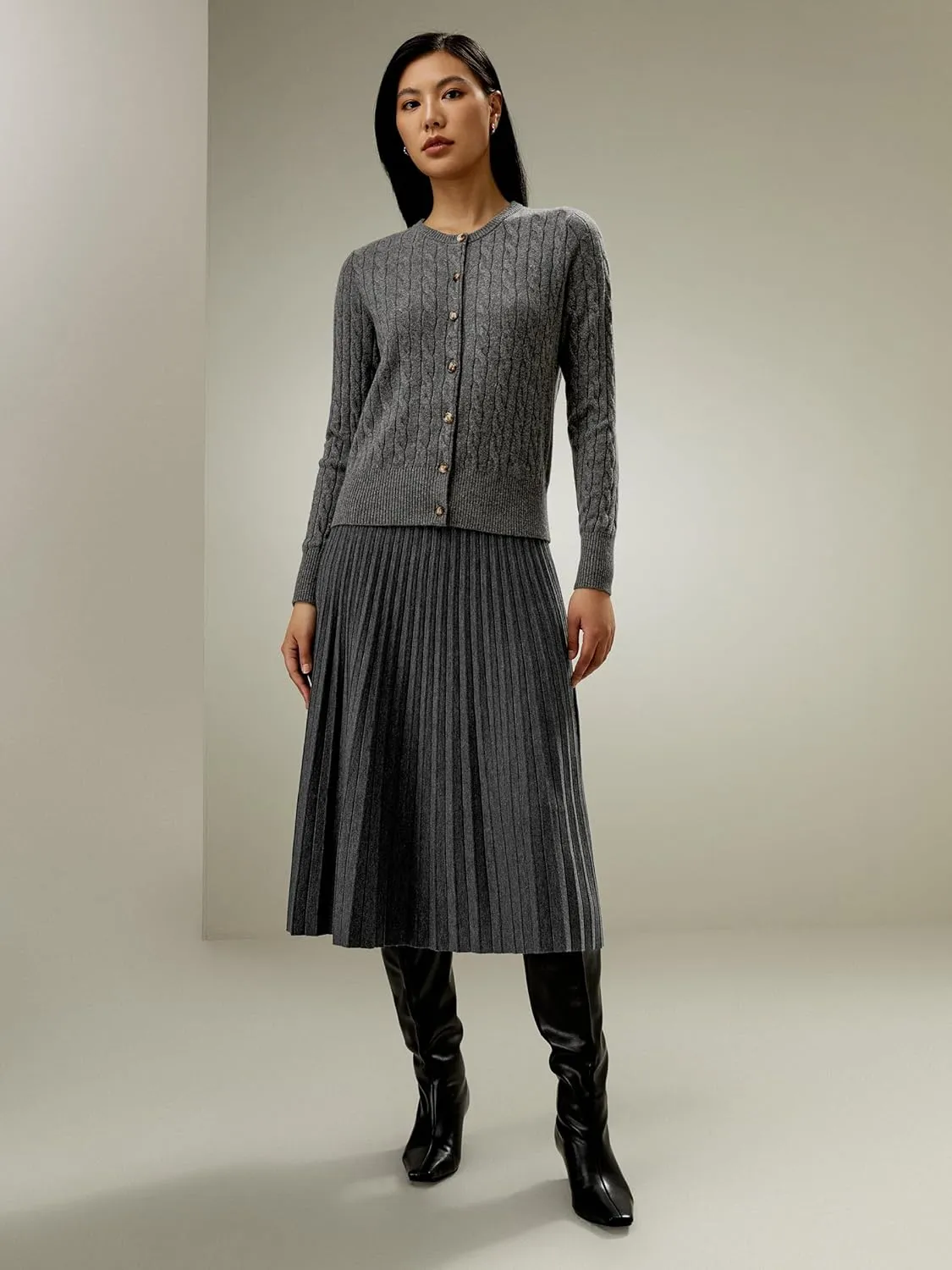 LilySilk 100% Cashmere Crewneck Cardigan Sweater for Women Long Sleeves Cable-Knit Buttoned Placket