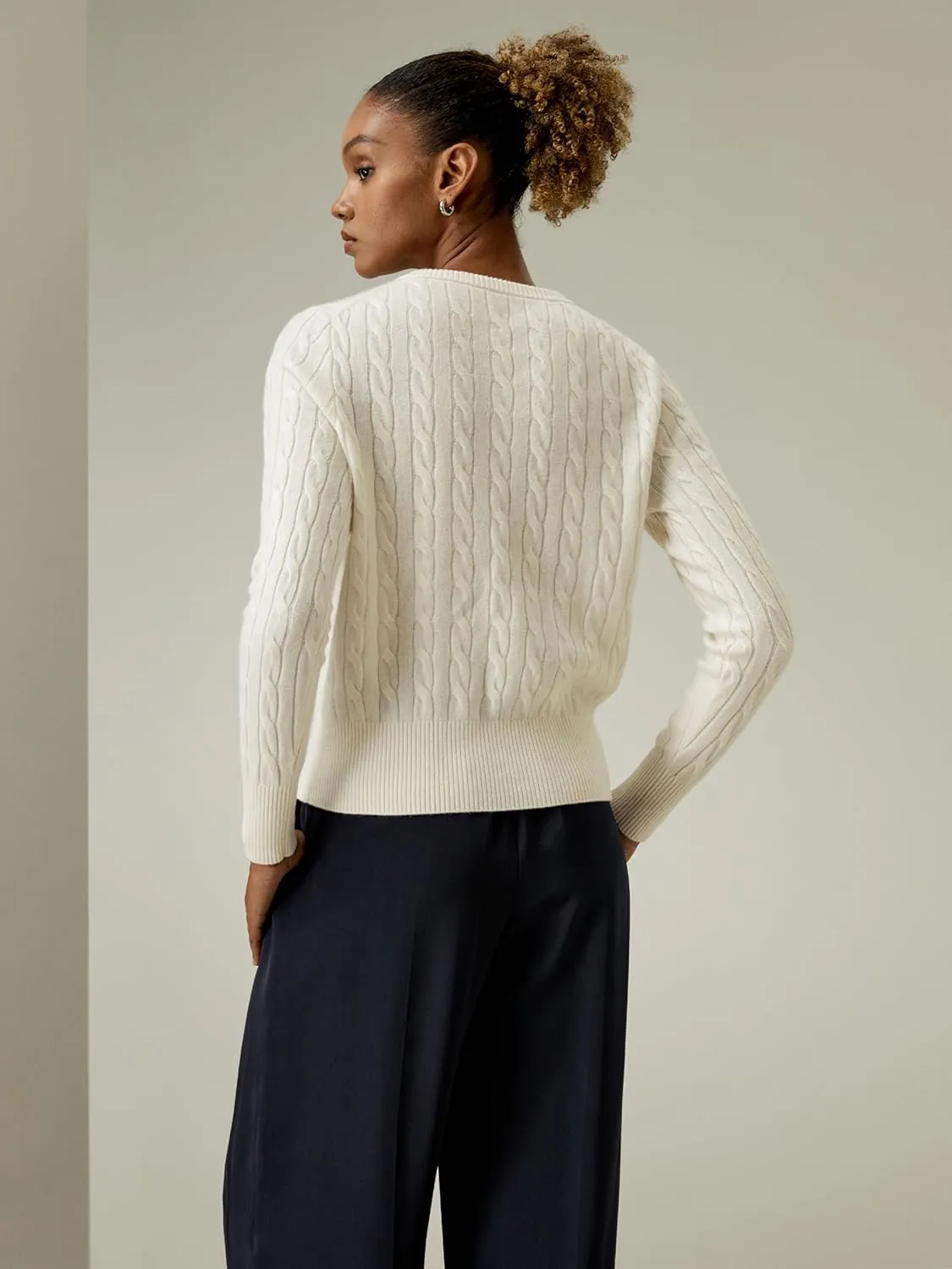 LilySilk 100% Cashmere Crewneck Cardigan Sweater for Women Long Sleeves Cable-Knit Buttoned Placket