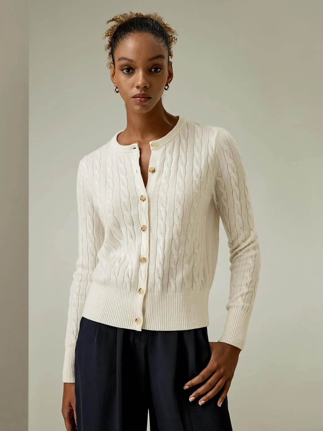 LilySilk 100% Cashmere Crewneck Cardigan Sweater for Women Long Sleeves Cable-Knit Buttoned Placket