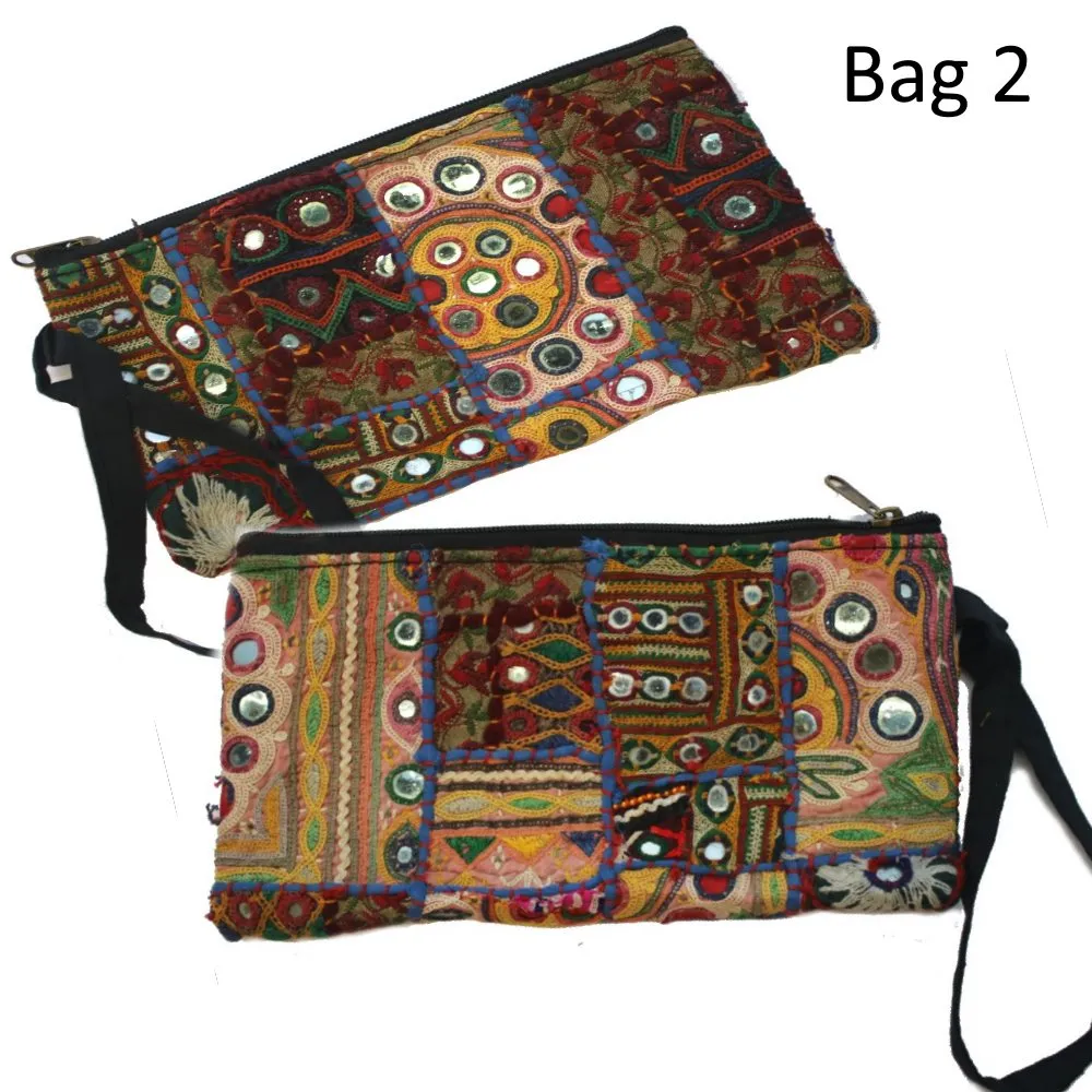 long vintage indian fabric zip clutch bag with wrist strap