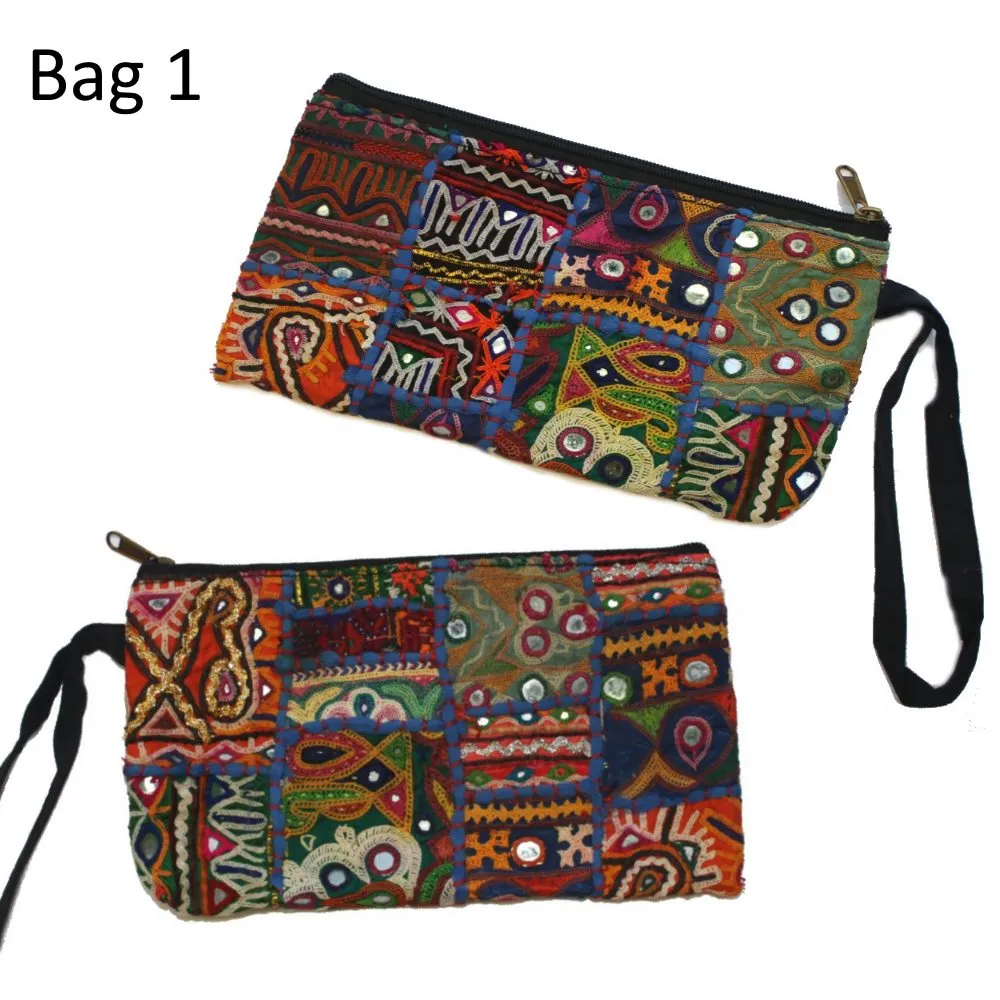 long vintage indian fabric zip clutch bag with wrist strap