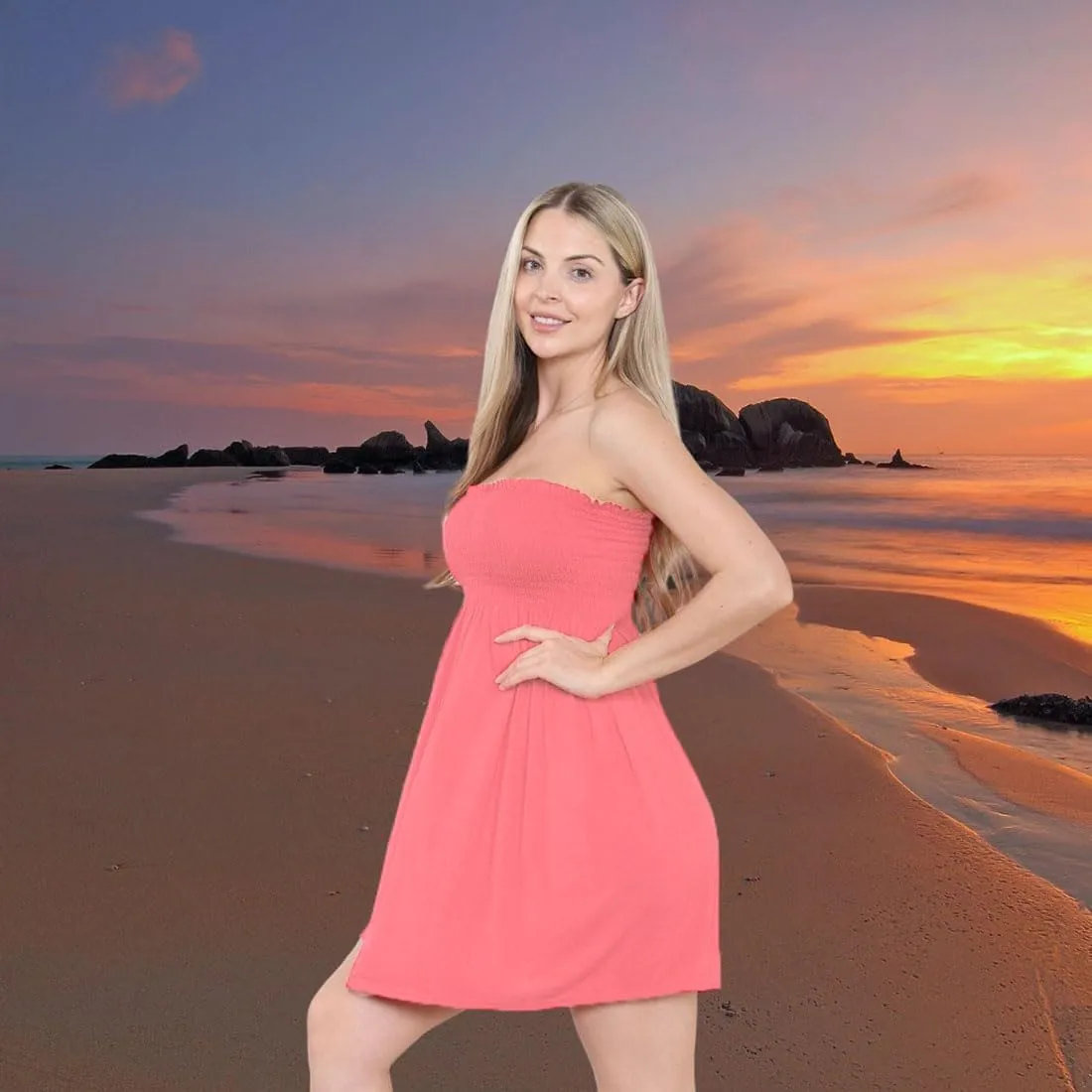 Loxdonz Women's Sun Strapless Tube Short Dress Summer Dresses Casual Mini Beach Cover Up