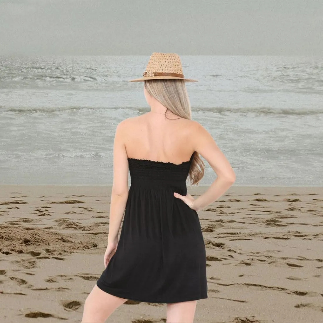 Loxdonz Women's Sun Strapless Tube Short Dress Summer Dresses Casual Mini Beach Cover Up
