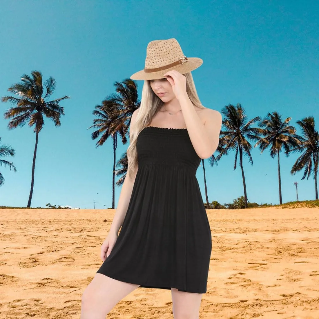 Loxdonz Women's Sun Strapless Tube Short Dress Summer Dresses Casual Mini Beach Cover Up