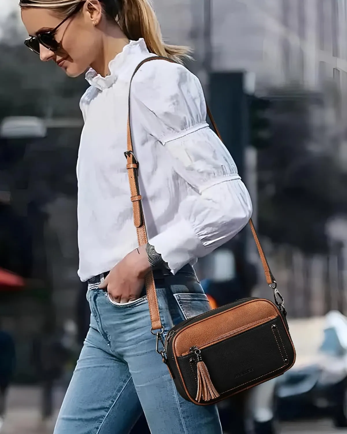 MASINTOR Crossbody Bags for Women Vegan Leather, Trendy Shoulder Purse with Adjustable Strap and Tassel