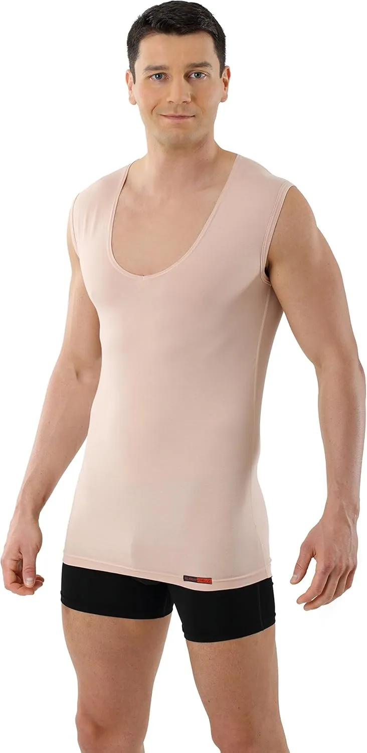 Men's Invisible Sleeveless Business Undershirt with deep v-Neck Stretch Cotton Nude Beige