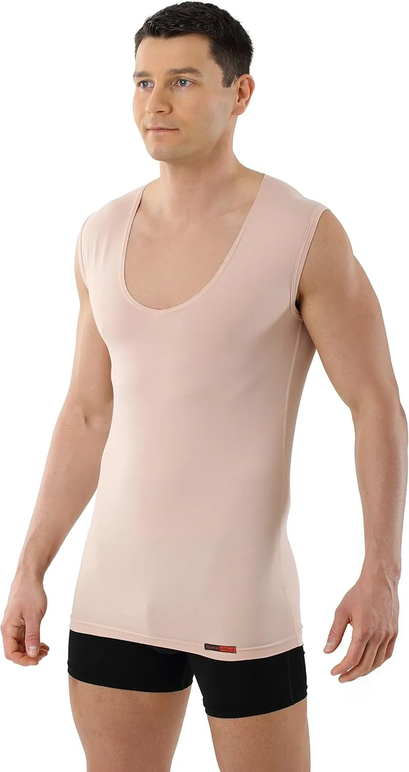 Men's Invisible Sleeveless Business Undershirt with deep v-Neck Stretch Cotton Nude Beige