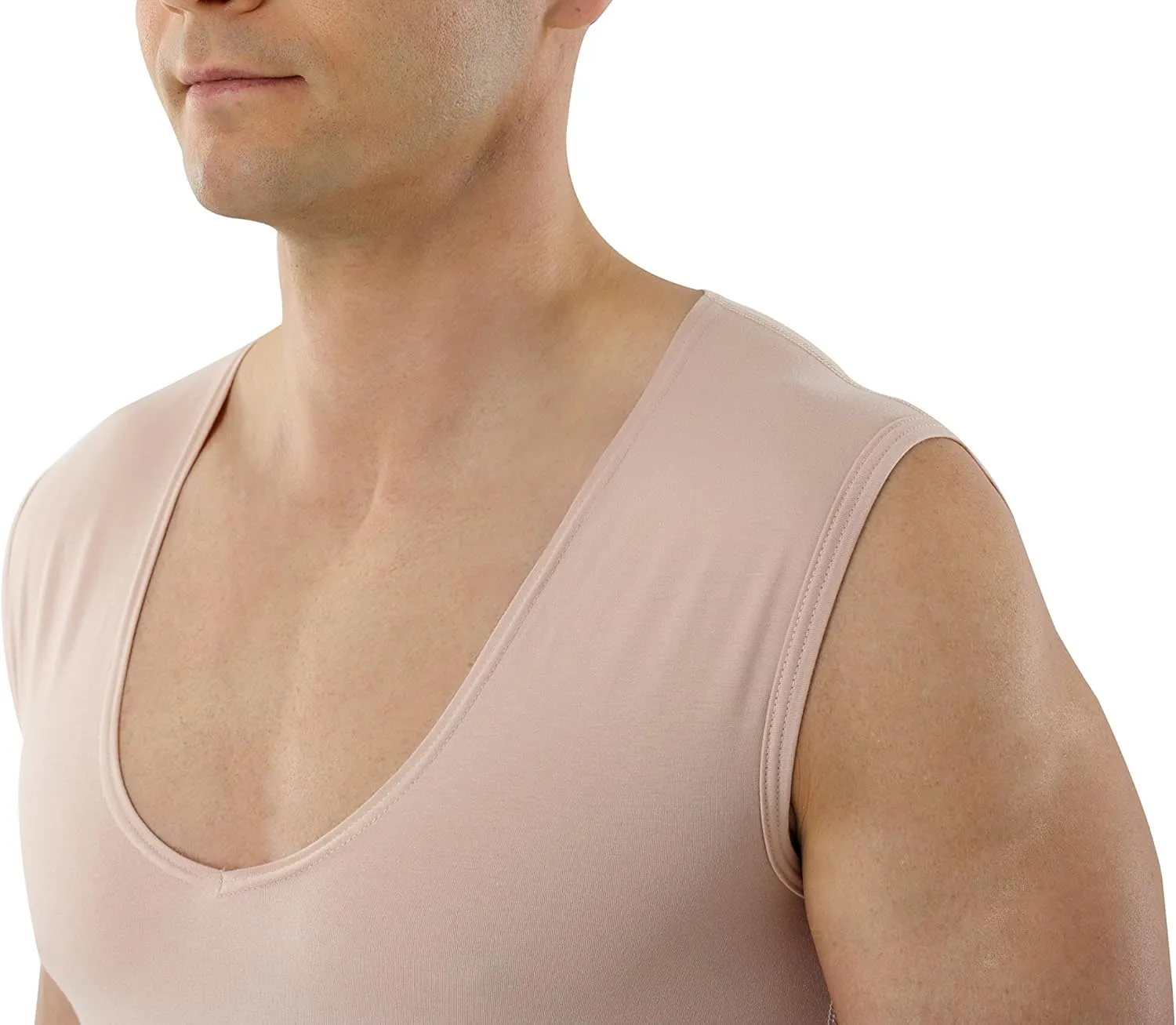 Men's Invisible Sleeveless Business Undershirt with deep v-Neck Stretch Cotton Nude Beige