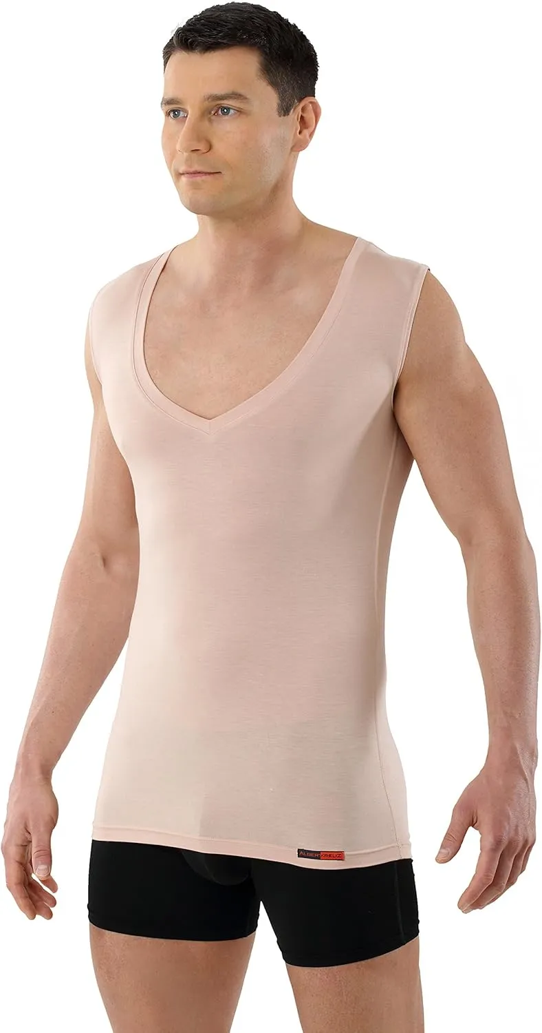 Men's Invisible Sleeveless deep v-Neck Business Undershirt Micromodal Light Nude Beige