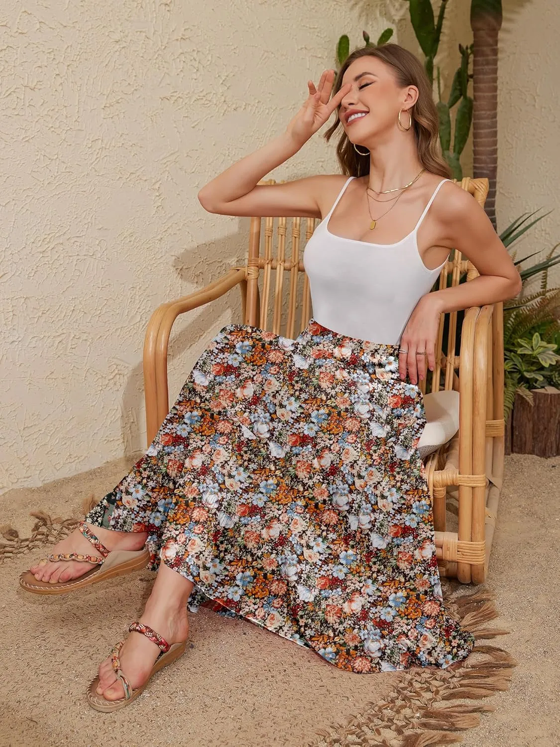 NASHALYLY Women's High Waisted Maxi Skirt,Elastic Chiffon Boho Long Skirt with Pockets