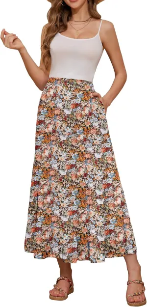 NASHALYLY Women's High Waisted Maxi Skirt,Elastic Chiffon Boho Long Skirt with Pockets