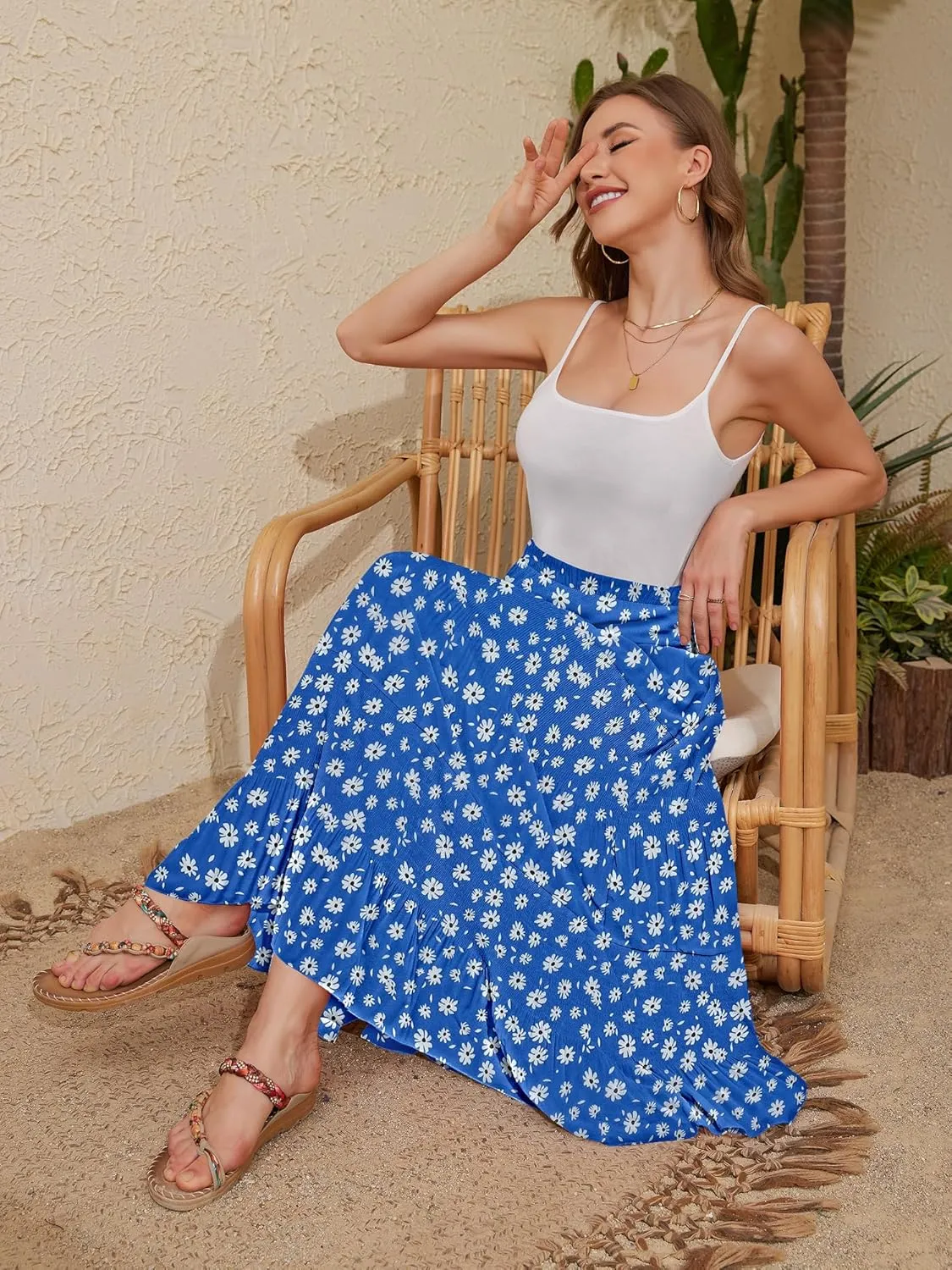 NASHALYLY Women's High Waisted Maxi Skirt,Elastic Chiffon Boho Long Skirt with Pockets