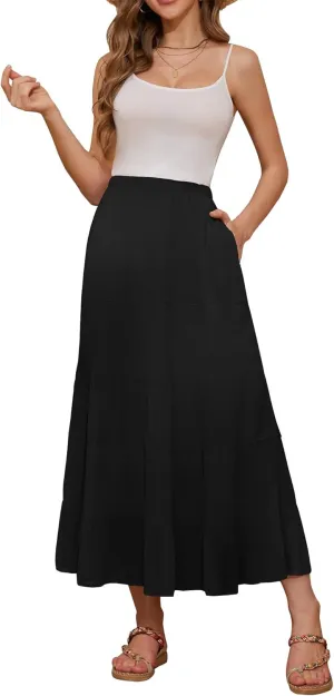 NASHALYLY Women's High Waisted Maxi Skirt,Elastic Chiffon Boho Long Skirt with Pockets
