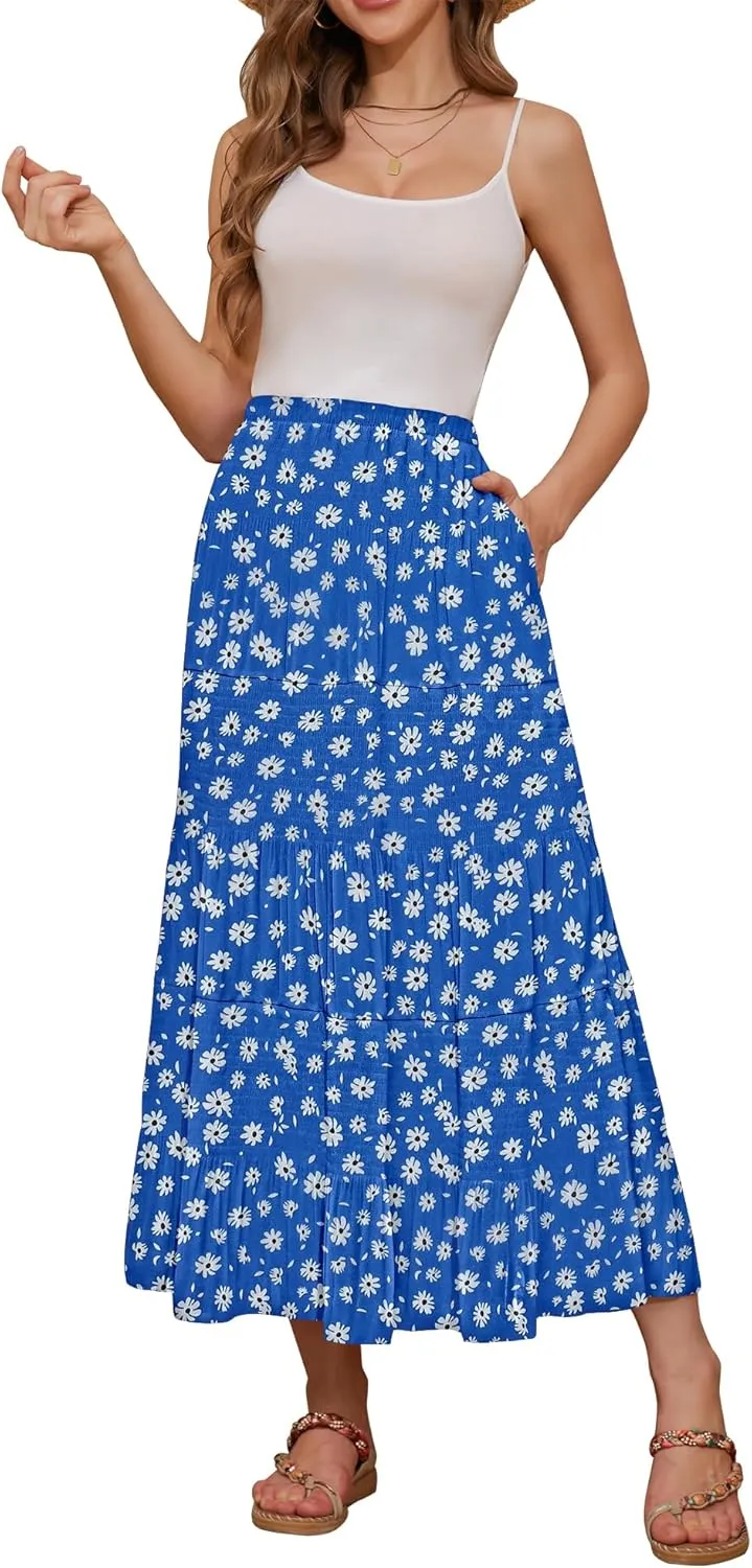 NASHALYLY Women's High Waisted Maxi Skirt,Elastic Chiffon Boho Long Skirt with Pockets