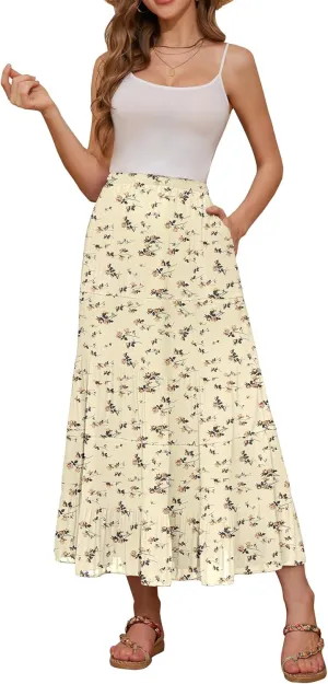 NASHALYLY Women's High Waisted Maxi Skirt,Elastic Chiffon Boho Long Skirt with Pockets