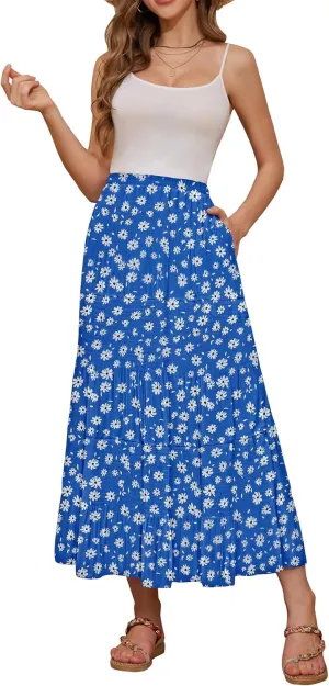 NASHALYLY Women's High Waisted Maxi Skirt,Elastic Chiffon Boho Long Skirt with Pockets