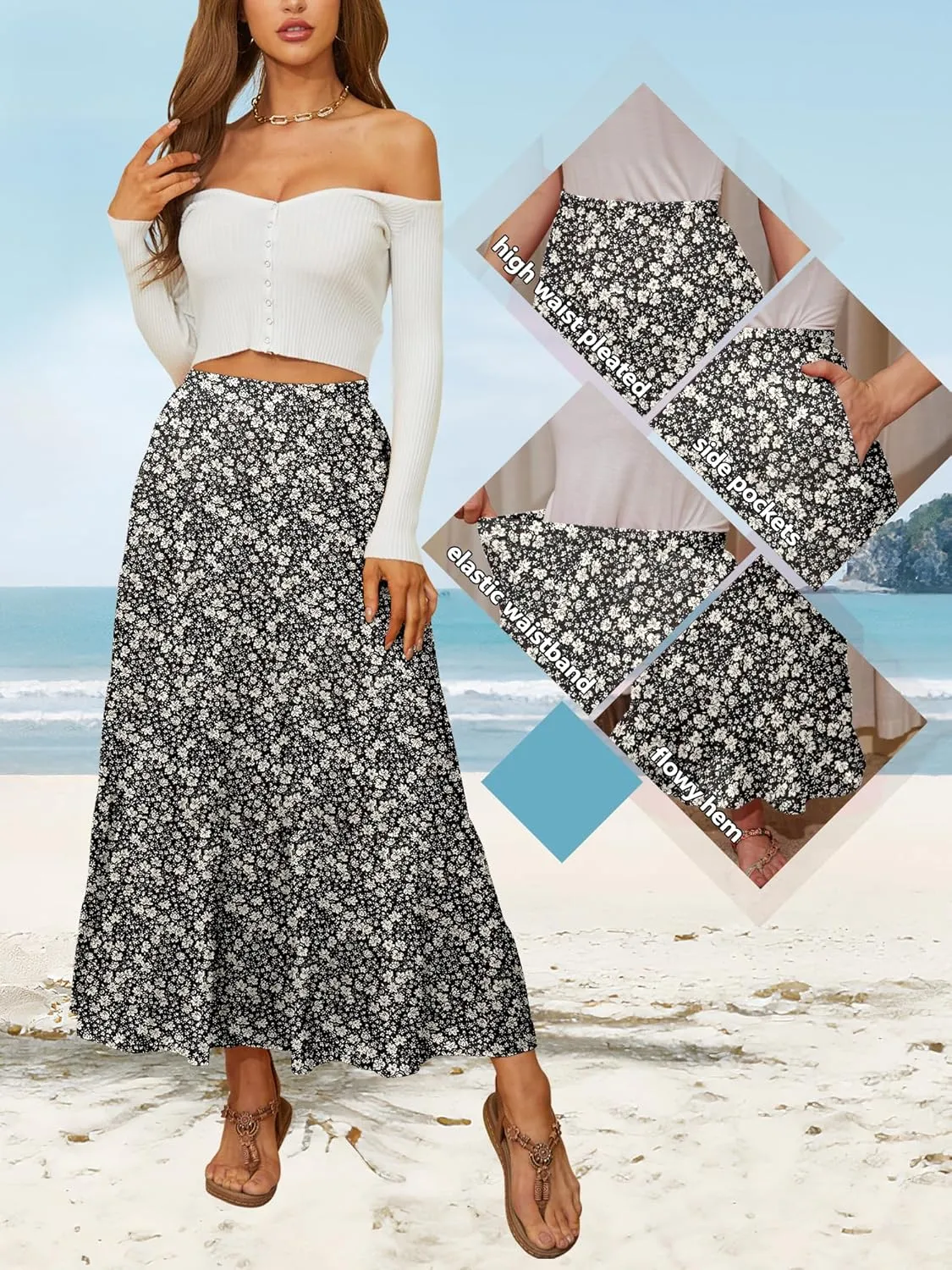 NASHALYLY Women's High Waisted Maxi Skirt,Elastic Chiffon Boho Long Skirt with Pockets