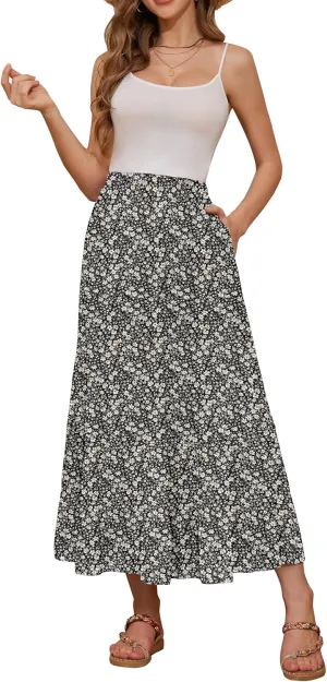 NASHALYLY Women's High Waisted Maxi Skirt,Elastic Chiffon Boho Long Skirt with Pockets