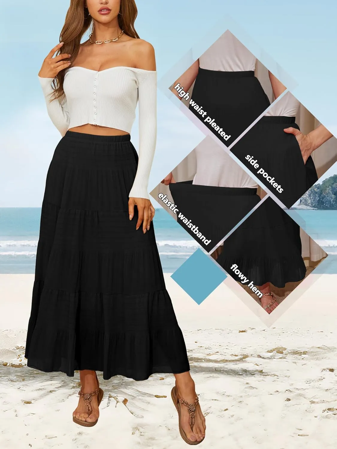 NASHALYLY Women's High Waisted Maxi Skirt,Elastic Chiffon Boho Long Skirt with Pockets