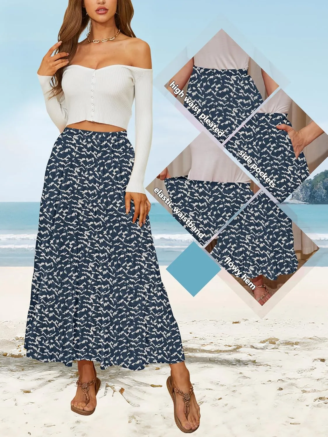 NASHALYLY Women's High Waisted Maxi Skirt,Elastic Chiffon Boho Long Skirt with Pockets