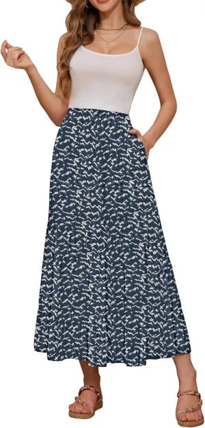 NASHALYLY Women's High Waisted Maxi Skirt,Elastic Chiffon Boho Long Skirt with Pockets
