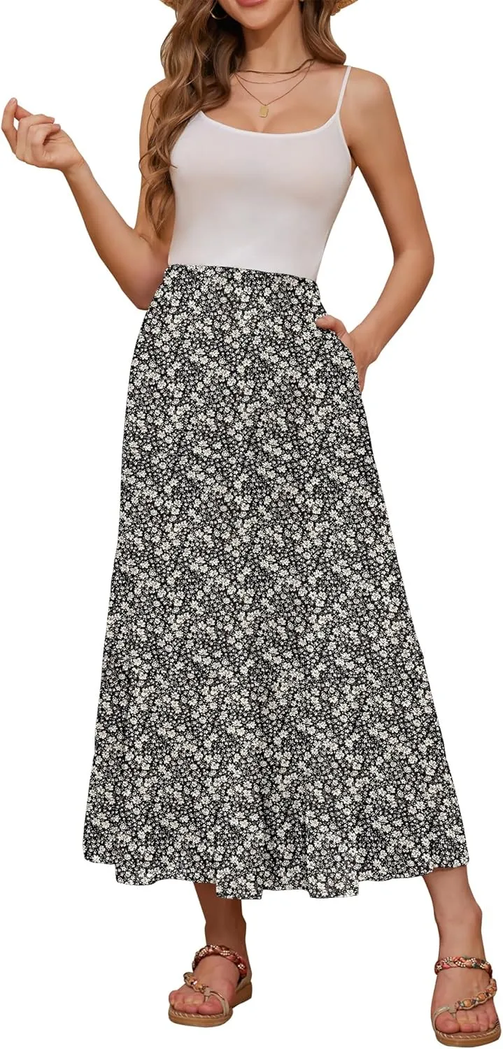 NASHALYLY Women's High Waisted Maxi Skirt,Elastic Chiffon Boho Long Skirt with Pockets