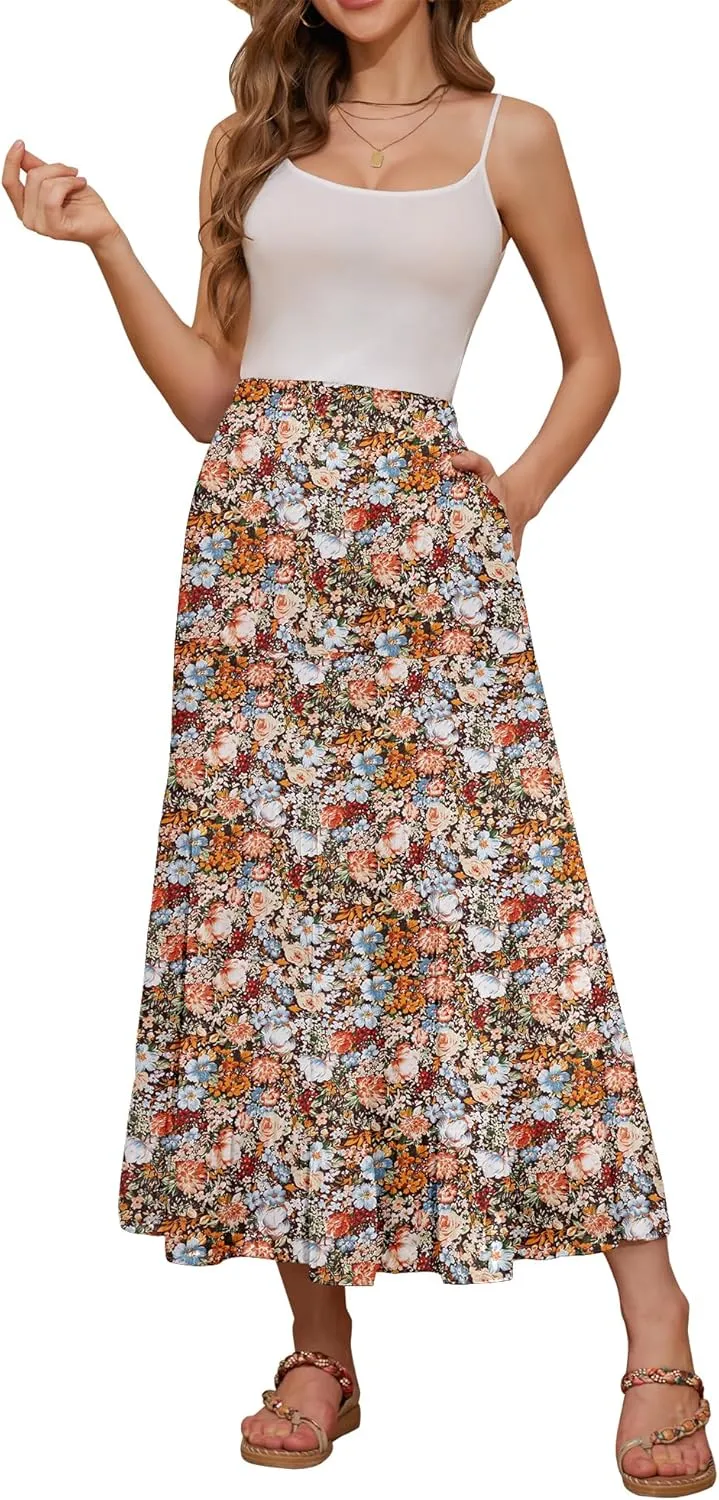 NASHALYLY Women's High Waisted Maxi Skirt,Elastic Chiffon Boho Long Skirt with Pockets