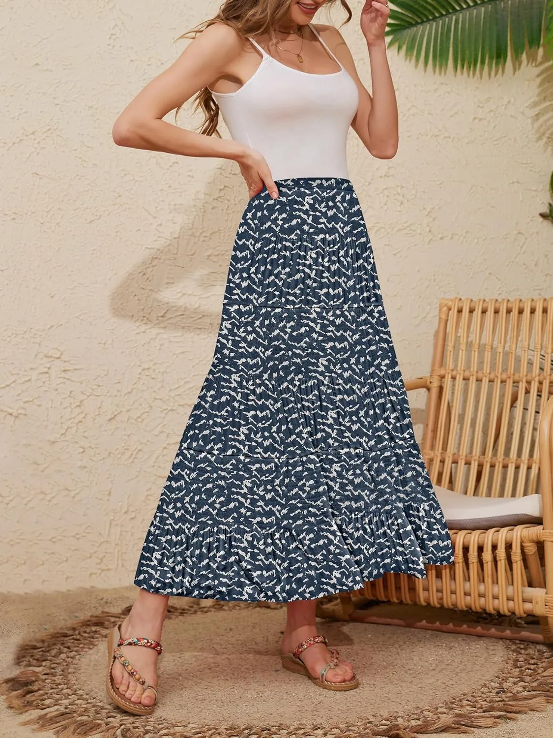 NASHALYLY Women's High Waisted Maxi Skirt,Elastic Chiffon Boho Long Skirt with Pockets
