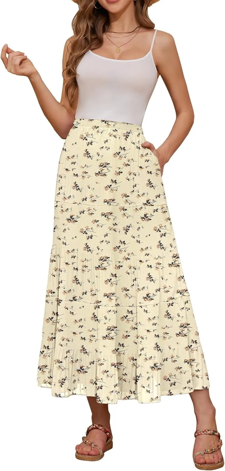 NASHALYLY Women's High Waisted Maxi Skirt,Elastic Chiffon Boho Long Skirt with Pockets