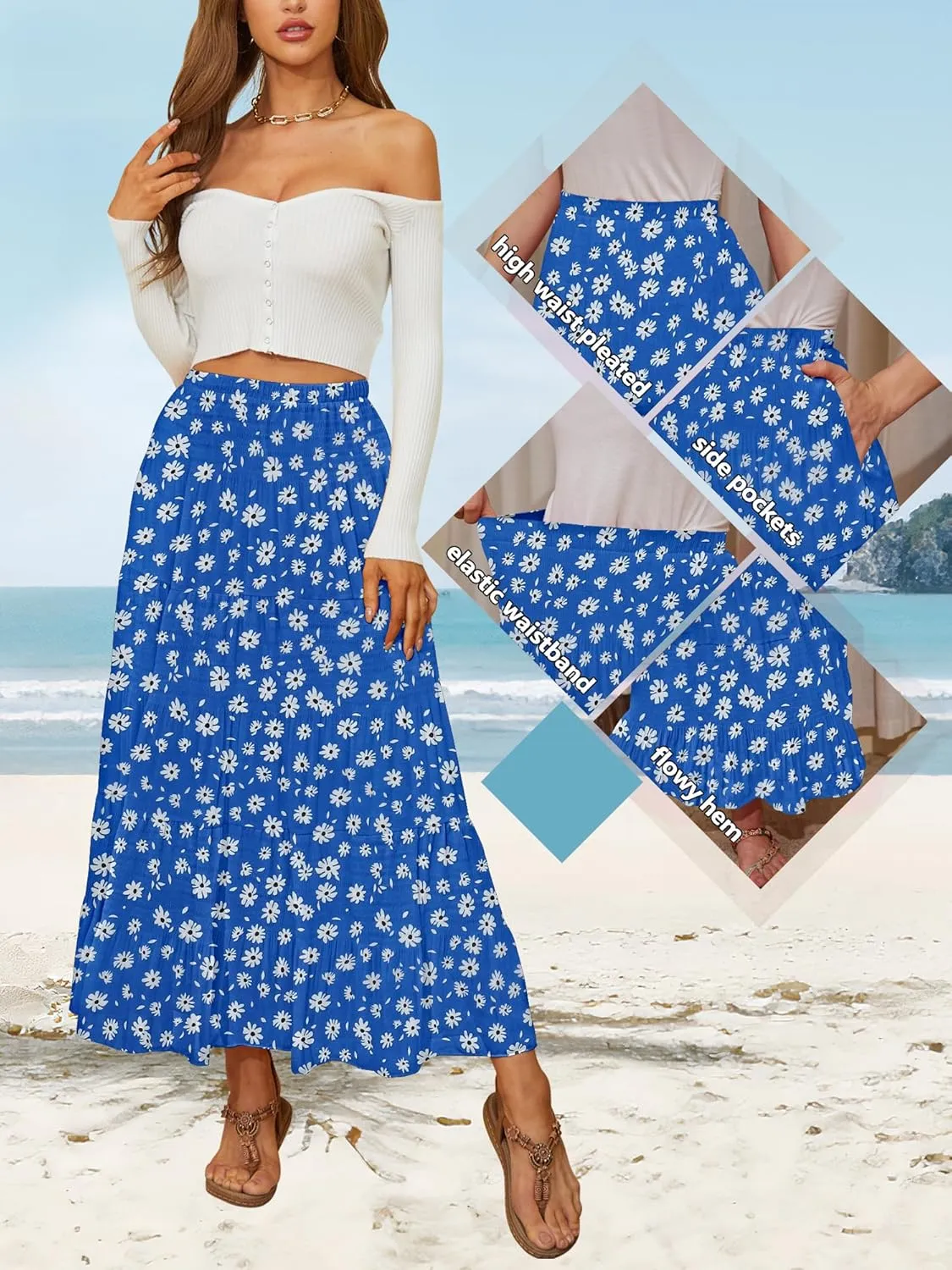 NASHALYLY Women's High Waisted Maxi Skirt,Elastic Chiffon Boho Long Skirt with Pockets