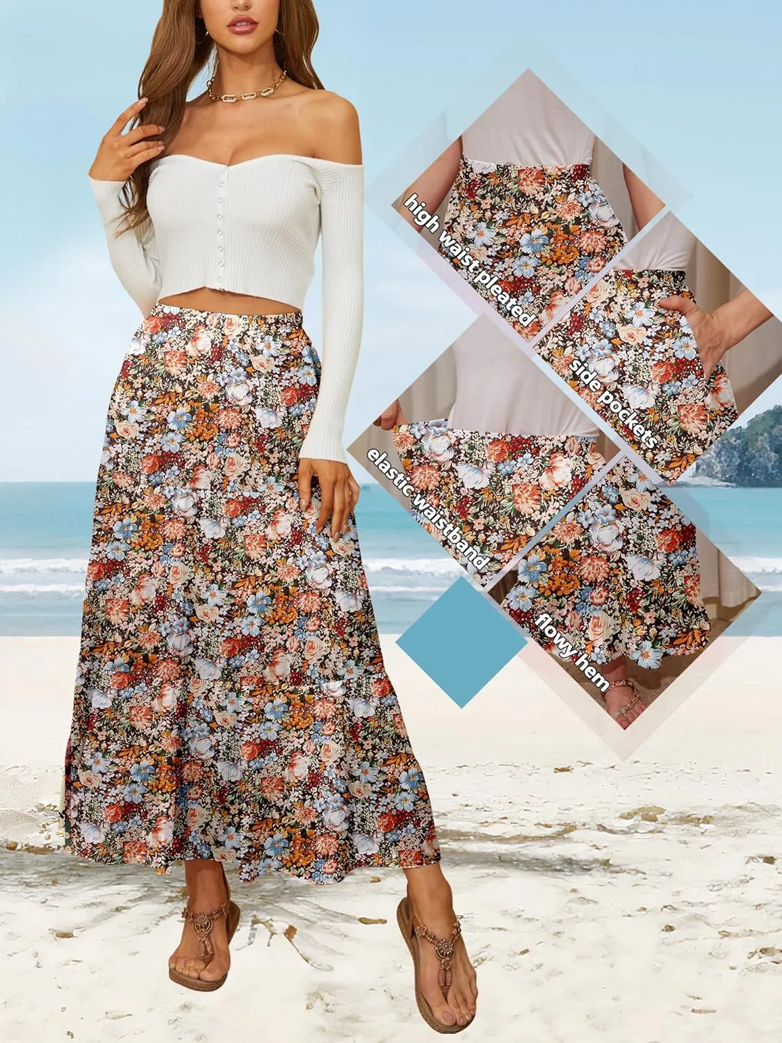 NASHALYLY Women's High Waisted Maxi Skirt,Elastic Chiffon Boho Long Skirt with Pockets