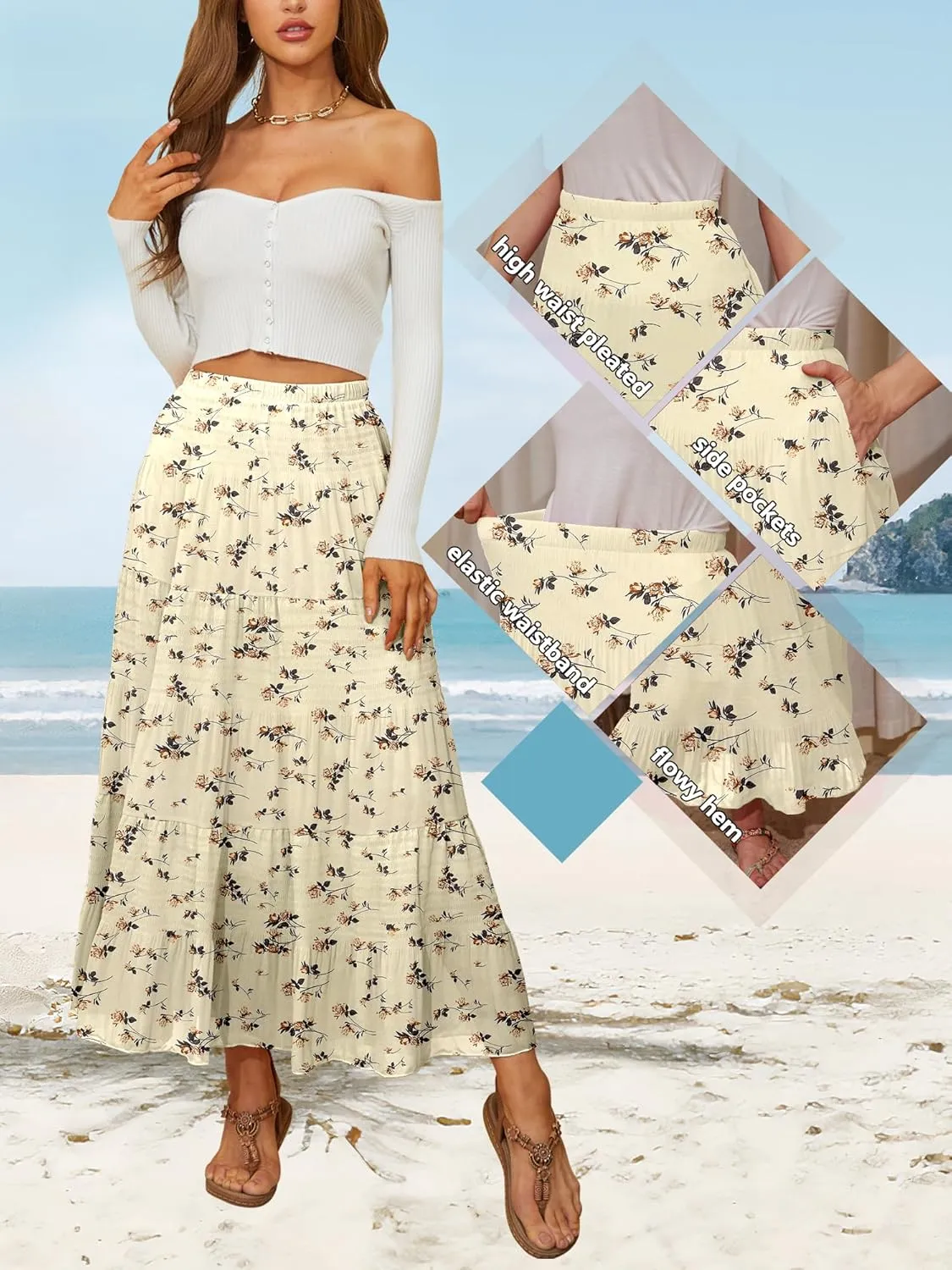 NASHALYLY Women's High Waisted Maxi Skirt,Elastic Chiffon Boho Long Skirt with Pockets