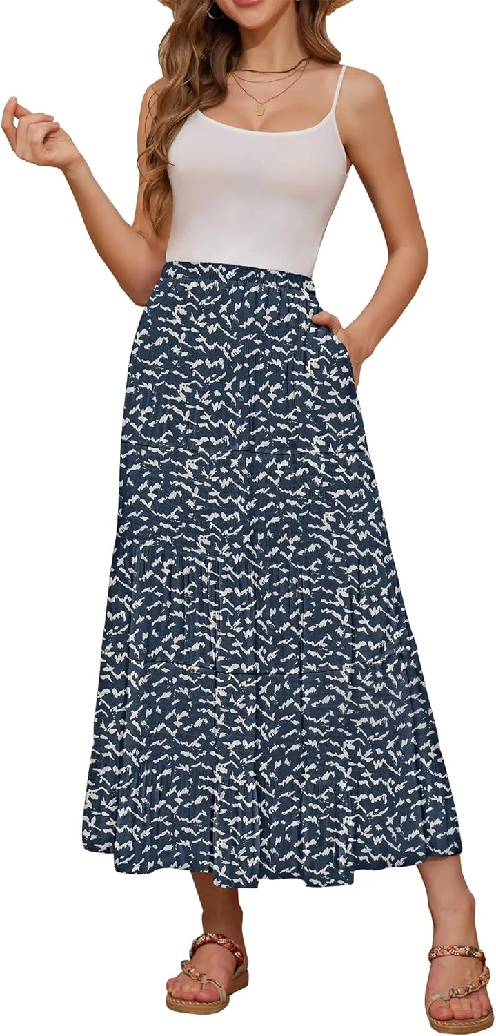 NASHALYLY Women's High Waisted Maxi Skirt,Elastic Chiffon Boho Long Skirt with Pockets