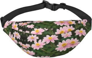 Pink White Gold Flowers Adjustable Belt Hip Bum Bag Fashion Water Resistant Hiking Waist Bag for Traveling Casual Running Hiking Cycling