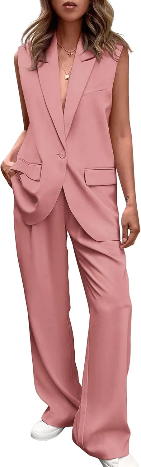 PRETTYGARDEN Women's 2 Piece Outfits Sleeveless Suit Vest and Wide Leg Pants Business Casual Blazer Sets