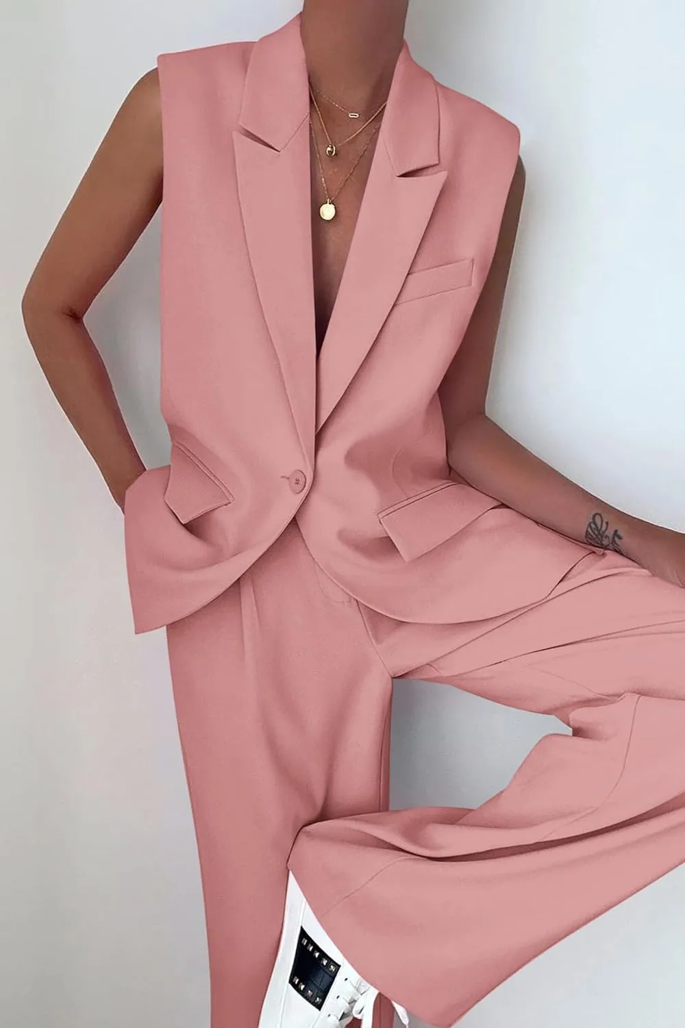 PRETTYGARDEN Women's 2 Piece Outfits Sleeveless Suit Vest and Wide Leg Pants Business Casual Blazer Sets