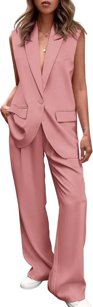 PRETTYGARDEN Women's 2 Piece Outfits Sleeveless Suit Vest and Wide Leg Pants Business Casual Blazer Sets