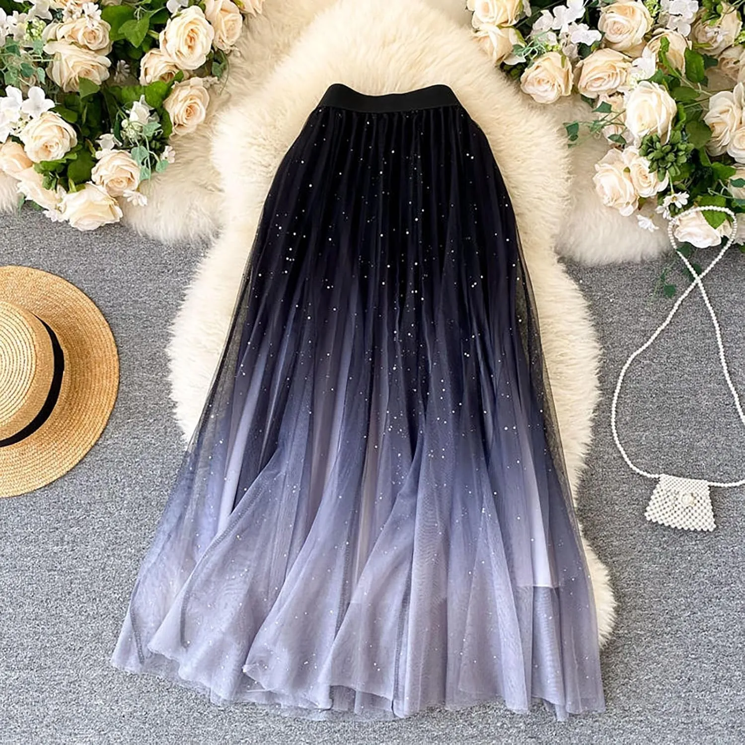 Sequin Long Tulle Skirt for Women High Waist Layered Maxi Tutu Skirts Elegant Gradient A-Line Party Wedding Tutu Skirts